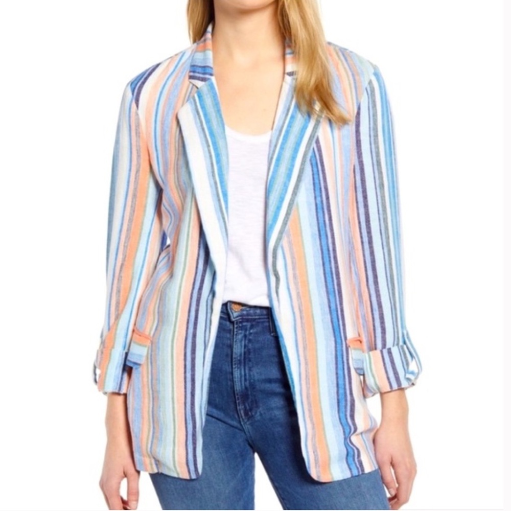 Caslon | Women’s White/Navy/Orange Striped Linen Blend Open Front Blazer Size L